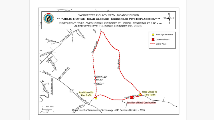 Traffic Alert: A portion of Sinepuxent Road to be closed October 21
